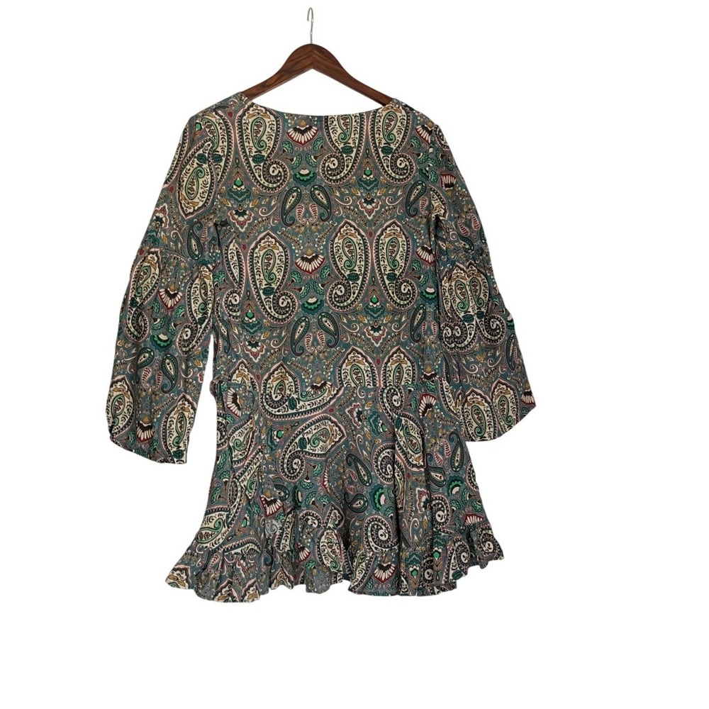 Just Paul Paisley Boho Mini Dress Teal V-Neck Bell Sv Ruffle Hem Poland Made - Picture 4 of 11